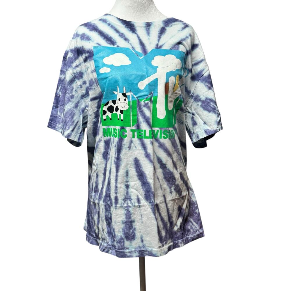MTV Tie Dye Cow Graphic Tee Purple Blue Retro Oversized Tee Unisex Cotton Shirt